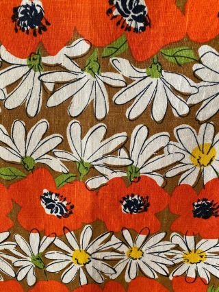 Vera Neumann Vintage Daisies Orange Flowers W/green On Brown Linen Tea Towel