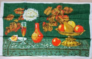 Vintage Ulster Pure Linen Irish Kitchen Tea Towel Fruit Wine Floral Still Life