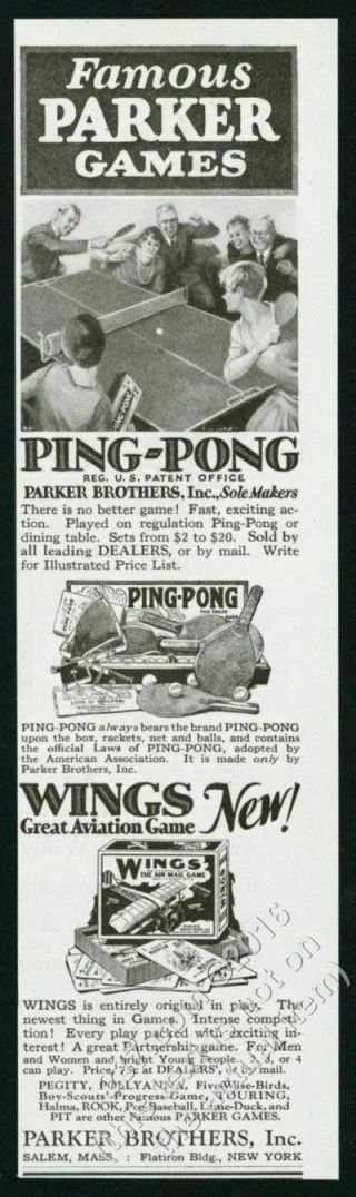 1928 Ping Pong Table Tennis Table Paddle Balls Photo Parker Brothers Print Ad