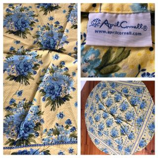 April Cornell Tablecloth Cotton Yellow Blue Cottage Flowers Round 68.  5 " Diameter