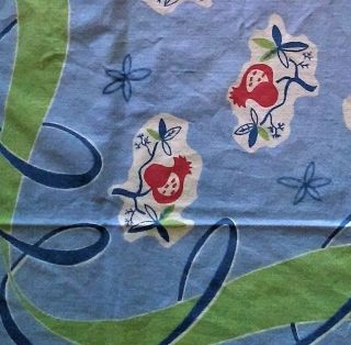 Vintage 1950s Print Simtex Tablecloth Blue Green Red Pomegranates Cutter Or Not