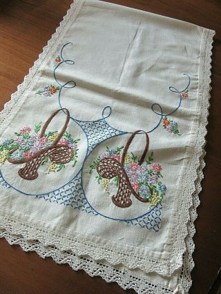 Vintage Hand Embroidered Dresser Scarf Or Table Runner Flower Baskets