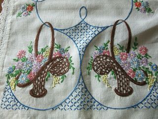 Vintage Hand Embroidered Dresser Scarf or Table Runner Flower Baskets 2
