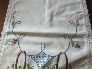 Vintage Hand Embroidered Dresser Scarf or Table Runner Flower Baskets 3