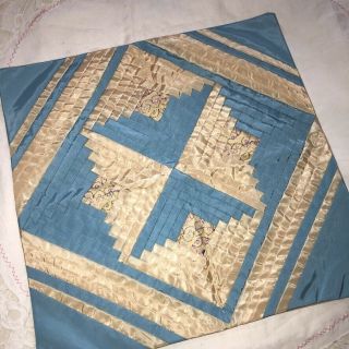 Vintage Satin Origami Hand Quilted Pillow Cover 14.  5 " Square Blue Yellow Satin