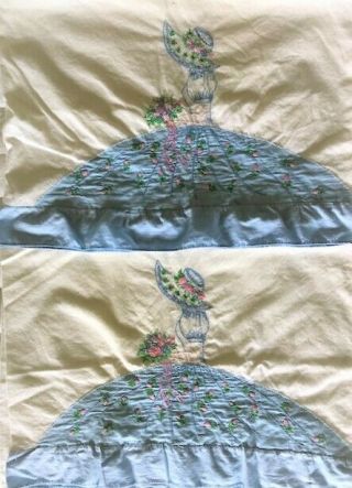 Vintage Pillowcases Pair Southern Belle Hand Embroidery