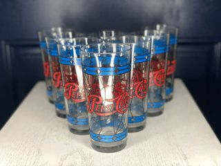 Vintage Pepsi Cola Tiffany Style Stained Glass Glasses Drinking 16 Oz Set Of 8