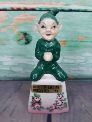 Vintage Ceramic Pixie Elf Gnome Green Souvenir Bell Tennessee Japan Knee Hugger
