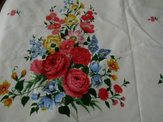 Vintage Cotton Tablecloth 50s Bright Floral Bouquet Flowers 51 X 64