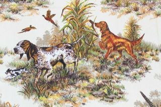 Vintage Hunting Bird Dogs Pheasants Fabric Drapery Upholstery Cotton Screen Prin