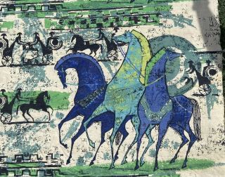 Horse Print Fabric Mid Century Modern Canvas Vintage 2pc 22x26 Blue Bright Green