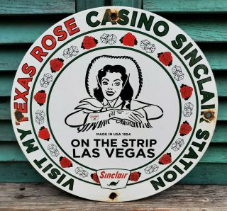 Old Vintage 1954 Dated Porcelain Sign Sinclair Vegas Texas Rose Casino Dino