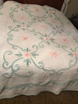 Vtg Cottage Chenille Bedspread White W/pink & Green Floral Flowers 90x 108