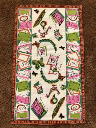 Vtg Mid Century Kitchen Dish Towel Pink & Chartreuse Novelty Letter Writing
