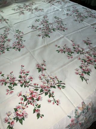 Vintage Mid Century Print Tablecloth Wilendur Pink Dogwood 49” X 53 "
