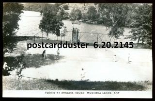 2145 - Muskoka Lakes Ontario 1920s Arcadia House Tennis Court Real Photo Postcard