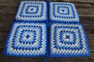 Vintage Four (4) Handmade Crochet Granny Square Blue & White Chair Seat Cushions