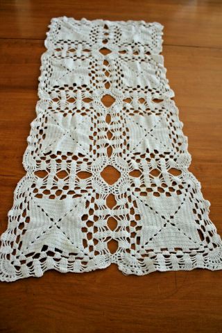 Vintage Hand Crocheted Table Runner Dresser Scarf Doily White Cotton 14 X 32
