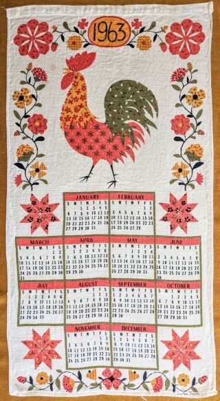 Vintage Linen Tea Towel 1963 Country Rooster Chicken Design,  27.  5 " X 14.  5 "
