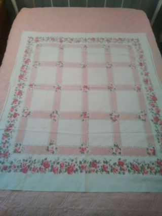 Vintage Cloth Tablecloth Floral Flowers Pinks Blue Green Rectangular 43x50