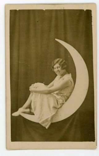 Paper Moon Rppc Pretty Woman Sitting In Hanging Moon Real Photo Postcard