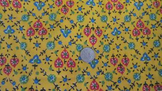 Vintage Cotton Fabric Red Heart,  Green Blue Flowers On Dark Yellow 1 Yd/36 " Wide