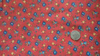 Vintage Cotton Fabric Blue & Yellow Floral On Orange - Red 1 Yd 23 " /44 "