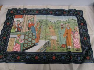 Vintage Signed Hand Painted Silk Fabric With Figural Scene 31 " Wide X 23 " High