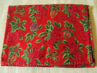 Vintage Red Print Christmas Holiday Cotton Tablecloth 40 " X 53 " Holly Ornaments