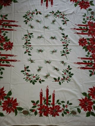 Vintage Christmas Print Holly,  Poinsettias & Candles Tablecloth 60 " X 52 "