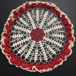 15 " Vintage Handmade Red And White Ruffle Doily Doilie