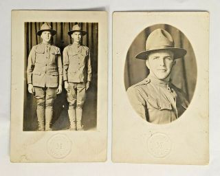 2 Wwi Rppc Army Soldiers Real Photo Postcards Fort Hays 1918 Train Ride Letter