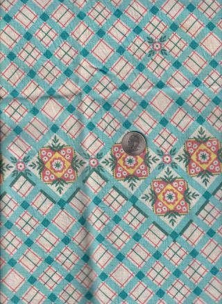Vintage Feedsack Two Tone Turquoise Plaid Border Feed Sack Quilt Sewing Fabric