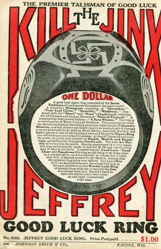 1926 Small Print Ad Of Jeffrey Good Luck Ring Horseshoe & Swastika Kill The Jinx