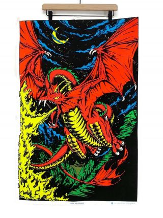 Vtg Scorpio 1656 Fire Dragon Fantasy Flocked Black Light Art Poster 23 X 35