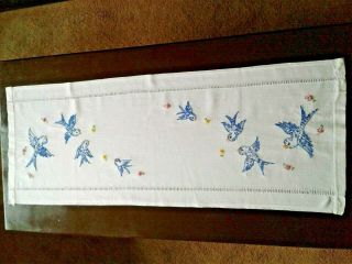 Vintage Linen Hand - Embroidered Dresser Scarf/runner With Blue Birds 15 X 39.  5
