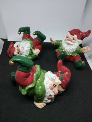 Set Of 3 Collectible Fitz And Floyd Essential Handpainted Ceramic Holiday Elfs