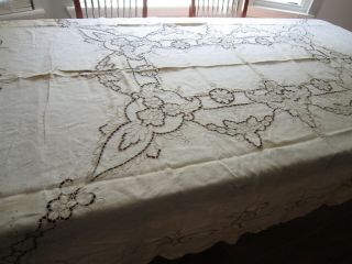 Antique Linen Embroidered Crochet Cutwork Lace Tablecloth 68x104