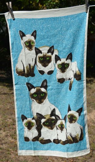 Vtg Aqua Blue Fallani & Cohn Siamese Cats Linen Kitchen Tea Towel Lois Long
