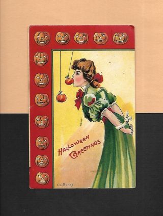 Lady,  Jols On A/s Banks Colorful German - Made Vintage 1909 Halloween Postcard