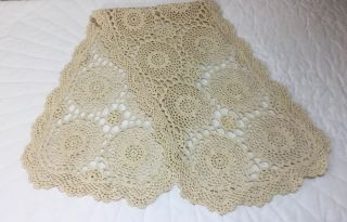 Vintage Hand Crocheted Dresser Scarf Or Table Runner,  Beige,  Flower Design