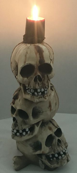11” Resin 3 Three Skull Candlestick Sculpture Halloween Gothic Black Candle