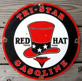 Tri - Star Red Hat Gasoline Vintage Porcelain Enamel Gas Oil Service Station Sign