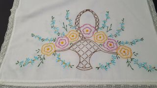 Vtg Hand Embroidered Dresser Scarf Table Runner Pink Yellow Floral Basket 4287 2