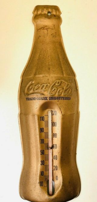 Vintage Coke Coca - Cola Thermometer Tin Metal Small Size Gold 7 " Wall Hung Robco