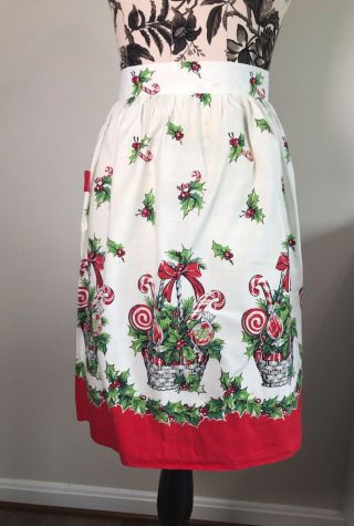 Vintage Half Apron Christmas Holiday Holly Basket Candy Canes