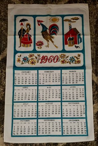 Vintage 1960 Linen Cloth Kitchen Calendar Wall Hanging Tea Towel Rooster Chicken
