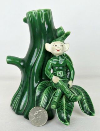 Vintage Mid Century Treasure Craft Green Seated Elf Pixie Tree Stump Bud Vase