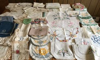 Large Selection Of 50,  Vintage Craft Linens Repurposing Hand Embroidery Crochet