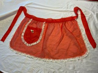 Vintage Apron Christmas Red & White Lace W/ Bell On Pocket Sheer Mesh 64 " Tie L7